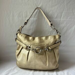 COACH VTG Shimmer Metallic Gold Soft Pleated Goat Suede Belted Hobo Shoulder Bag